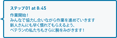 作業開始！みんなで協力し合いながら作業を進めていきます新人さんにも早く慣れてもらえるよう、ベテランの私たちもさらに腕をみがきます！